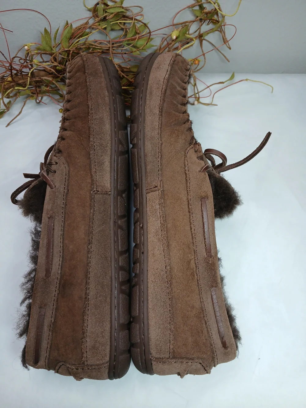 L.L. Bean Brown Suede Moccasin Slip-On Slippers with Faux Fur Lining